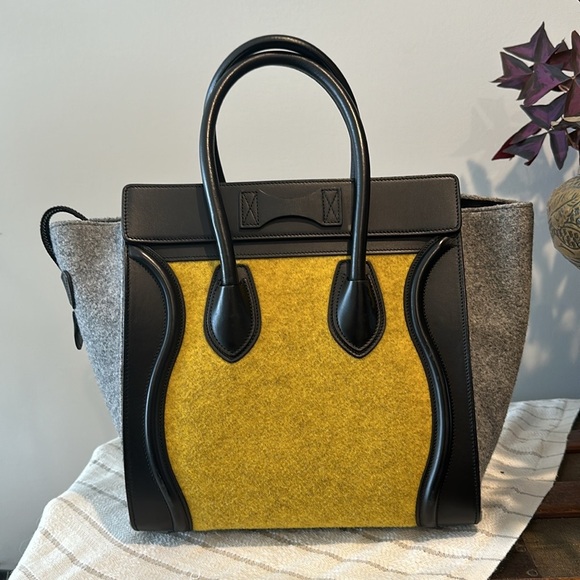 Céline Yellow, Grey, Black Leather & Wool Felt Micro Shopper Tote Fall 16’ - Picture 7 of 17